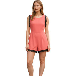 Topshop Pink Sleeveless Romper Keyhole Back Black Lace Trim Sz 6 NWT Boho Chic